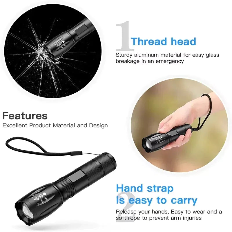 Super-Bright 90000LM LED Tactical Flashlight 5 Modes Zoomable Torch Searchlight Anti Spier