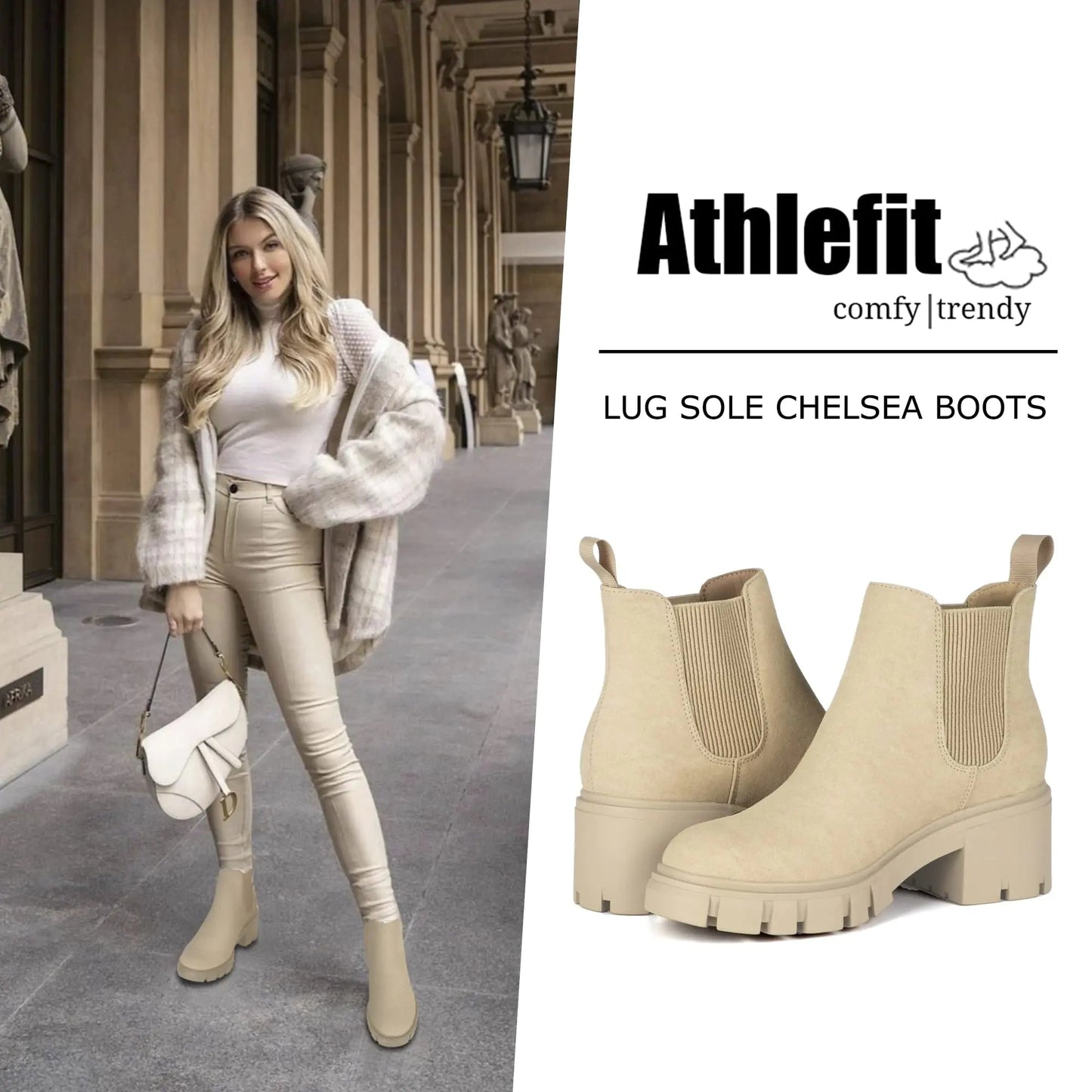 Athlefit Women's Chelsea Boots Fashion Lug Sole Chunky Heel Slip on Elastic Ankle Booties 10 Apricot Anti Spier