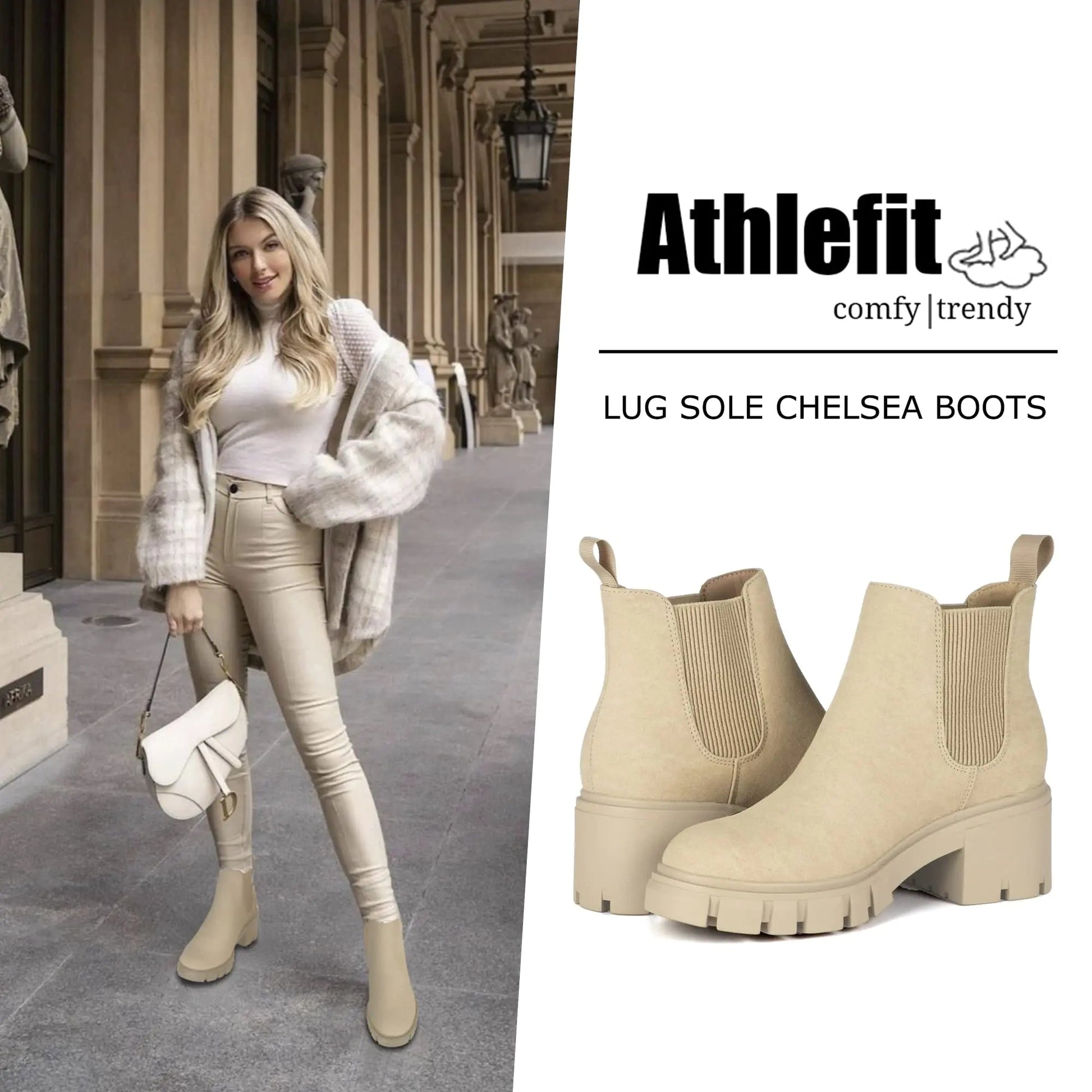 Athlefit Women's Chelsea Boots Fashion Lug Sole Chunky Heel Slip on Elastic Ankle Booties 10 Apricot Anti Spier