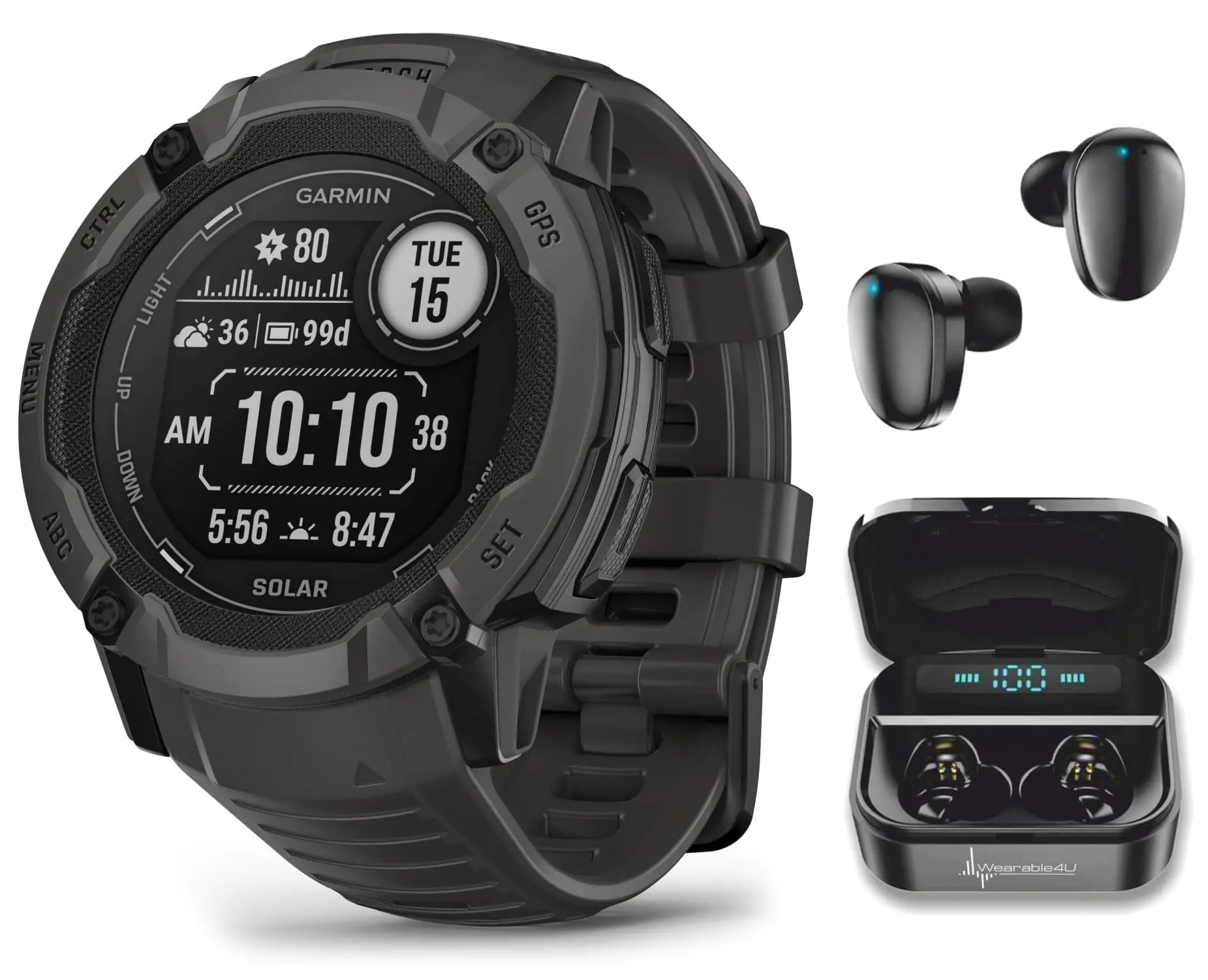 Wearable4U Garmin Instinct 2X Solar Rugged 50 mm GPS Smartwatch Graphite with Power Glass Lens LED Flashlight Black Earbuds Bundle Anti Spier