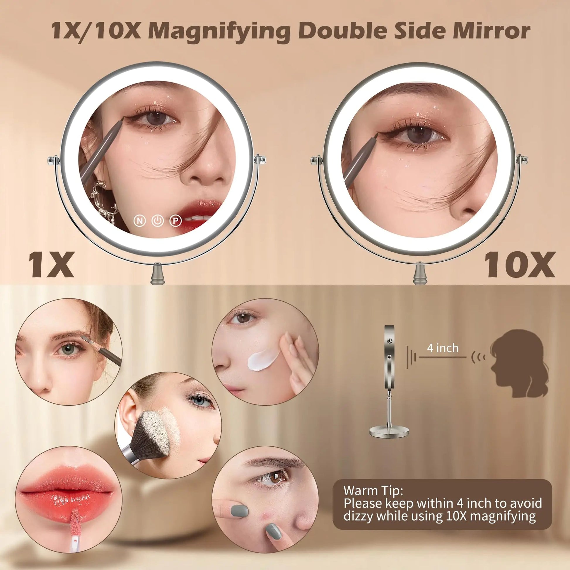 9" Large Makeup Mirror with Lights, 1X/10X Magnifying Vanity Mirror with 3 Colors Dimmable Lightning, 80 LED Lights, 360°Rotation Double Sided Standing Lighted Makeup Mirror Nickel Matte Nickel Anti Spier