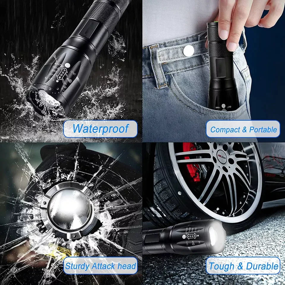 Super-Bright 90000LM LED Tactical Flashlight 5 Modes Zoomable Torch Searchlight Anti Spier