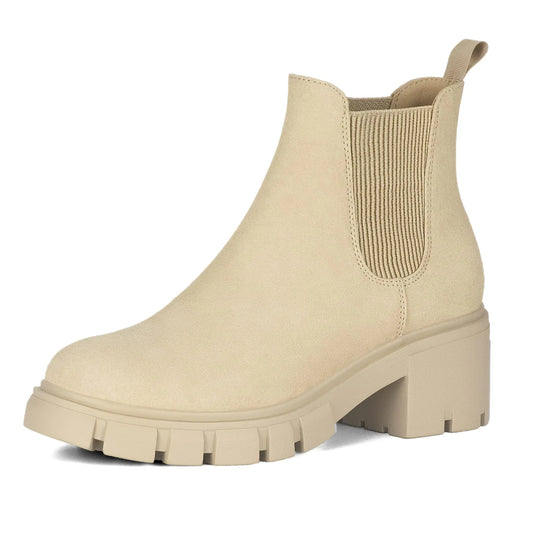 Athlefit Women's Chelsea Boots Fashion Lug Sole Chunky Heel Slip on Elastic Ankle Booties 10 Apricot Anti Spier
