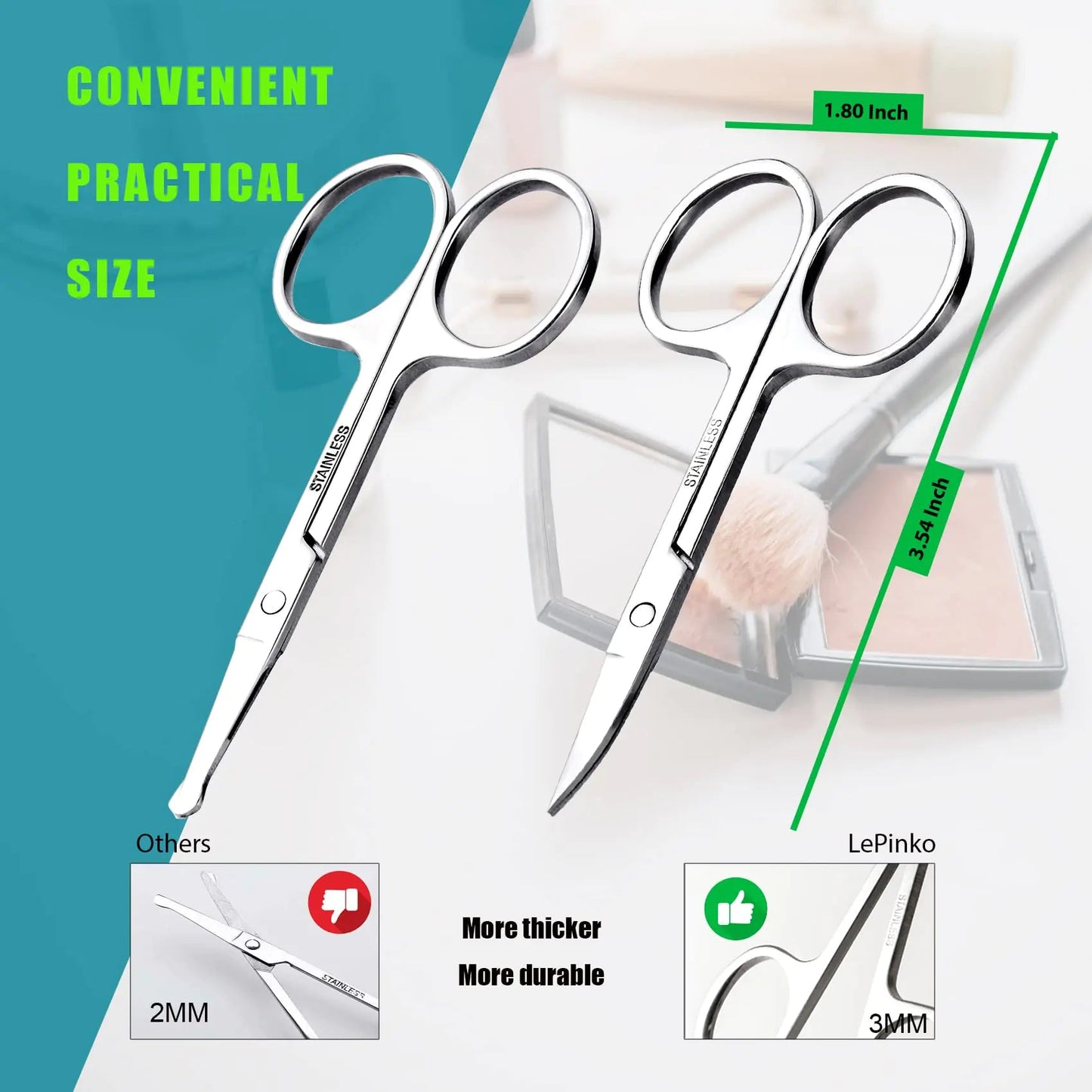 Facial Hair Small Grooming Scissors For Men Women - Eyebrow, Nose Hair, Mustache, Beard, Eyelashes, Ear Trimming Kit - Curved and Rounded Safety Tip Clippers For Hair Cutting - 2PCS Silver Anti Spier