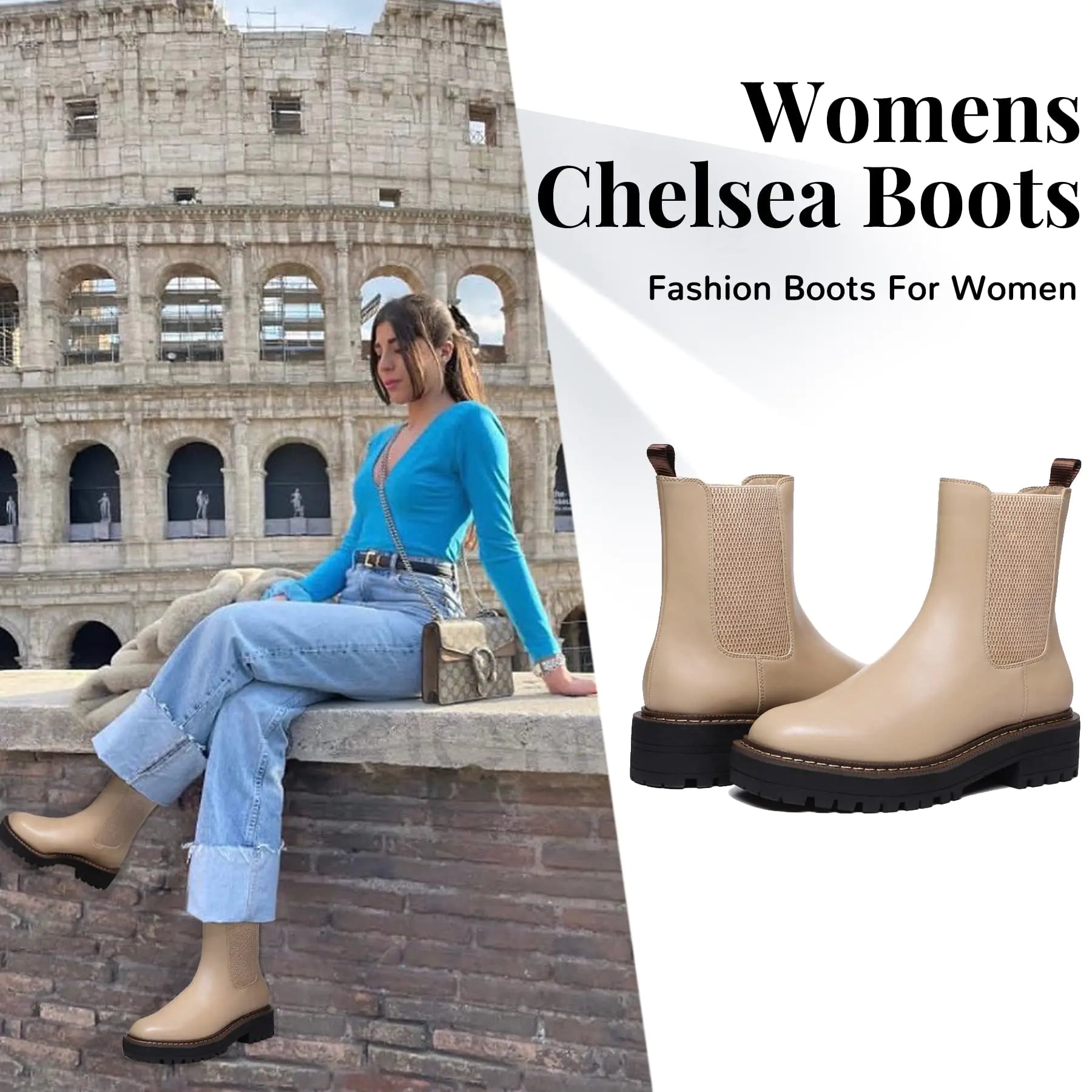 Athlefit Women's Chelsea Ankle Boots Platform Slip On Chunky Heel Lug Sole Leather Booties 9.5 Khaki Anti Spier