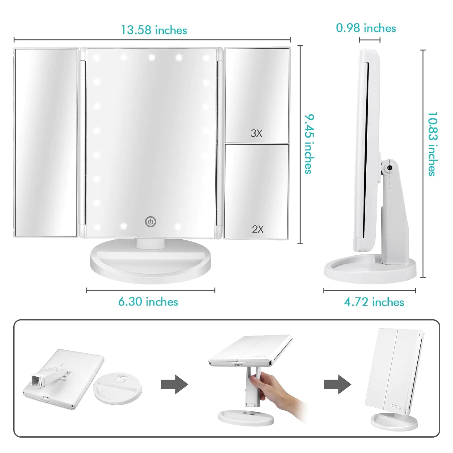 Floor Mount Tri-Fold Lighted Vanity Mirror with 21 LED Lights, Touch Screen and 3X/2X/1X Magnification, Two Power Supply Modes Make Up Mirror,Travel Mirror White Anti Spier