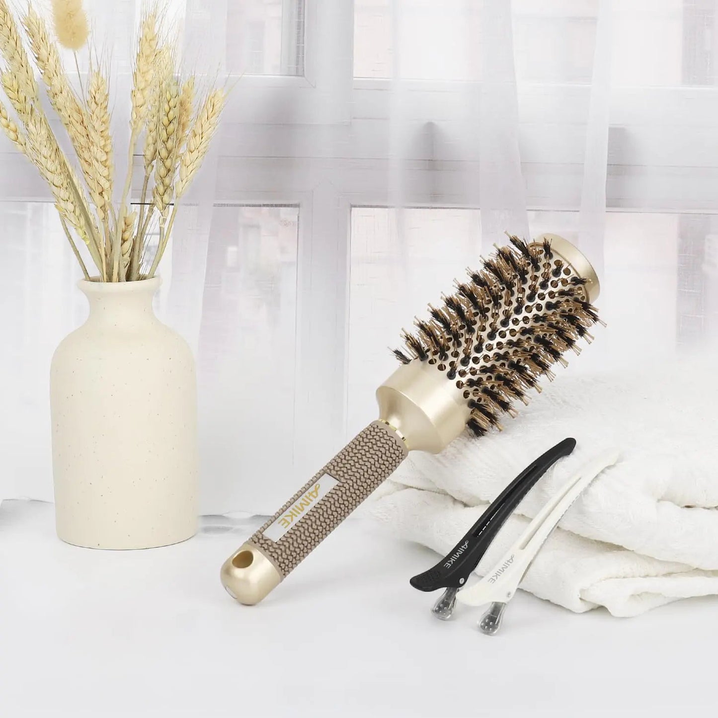 AIMIKE Round Brush, Nano Thermal Ceramic & Ionic Tech Hair Brush, Round Barrel Brush with Boar Bristles for Blow Drying, Styling, Curling, Add Volume & Shine (2.9 inch, Barrel 1.7 inch) + 4 Clips 43mm-1.7 Inch (2.9 Inch with Bristles) Anti Spier