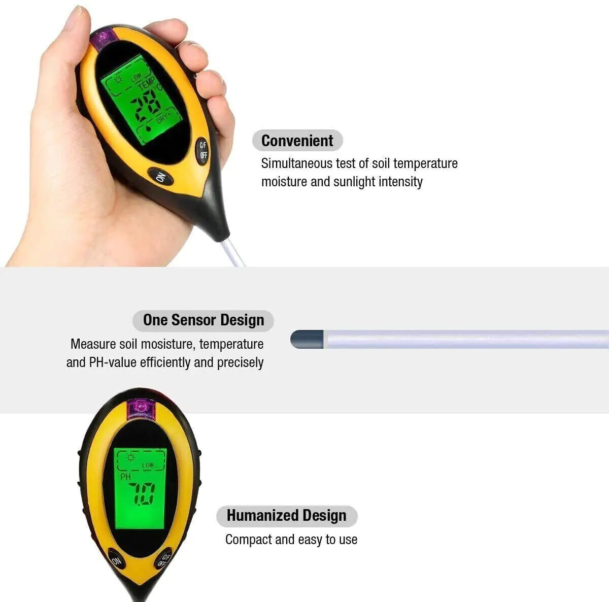 4 In 1 LCD Digital Soil Tester PH Water Moisture Temperature Sunlight Plant Test Anti Spier