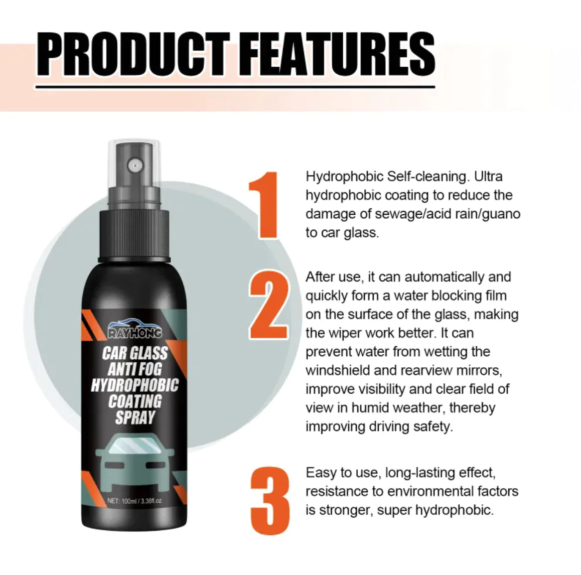 Hydrophobic Windshield Cleaning Spray Anti Spier