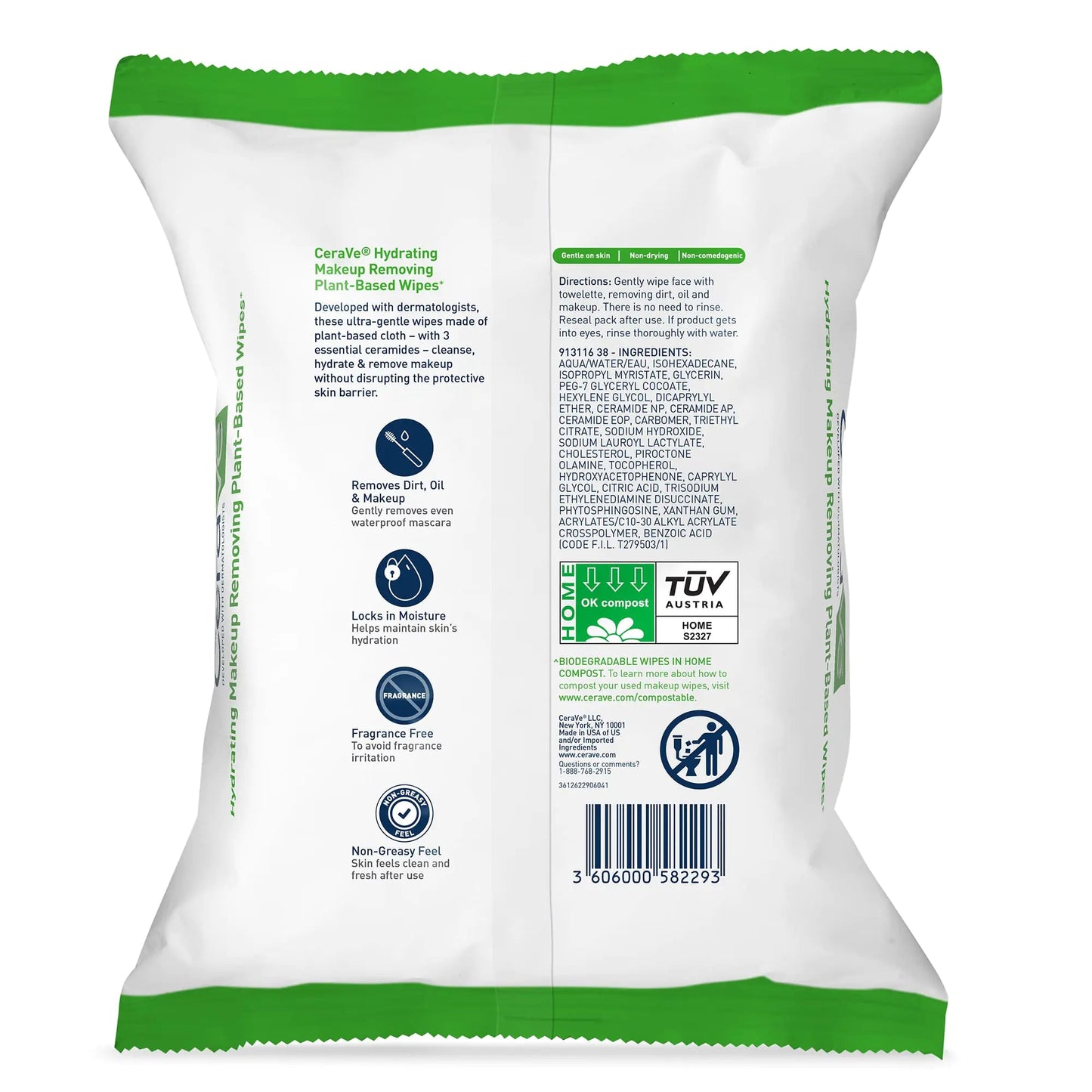 CeraVe Hydrating Facial Cleansing Makeup Remover Wipes| Plant Based Face Biodegradable in Home Compost| Wash Cloth| Suitable for Sensitive Skin| Fragrance-free Non-comedogenic| 25 Count Anti Spier