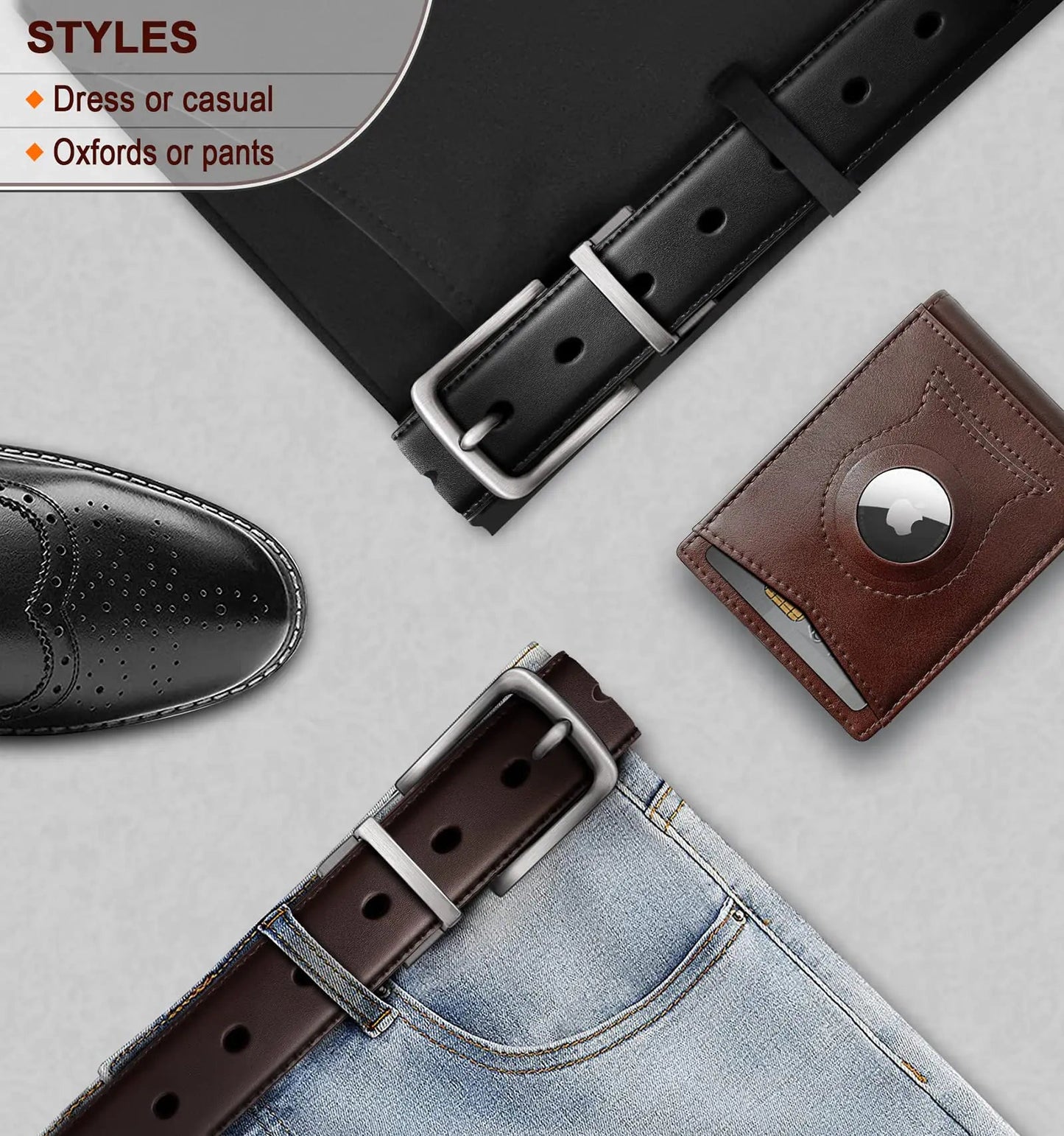 BULLIANT Men's Belt,Reversible Belt 1.25" For Gift Mens Casual Golf Dress pants shirts,One Reverse For 2 Sides Black/Antique Coffee1033 34"-36"Waist Adjustable Anti Spier