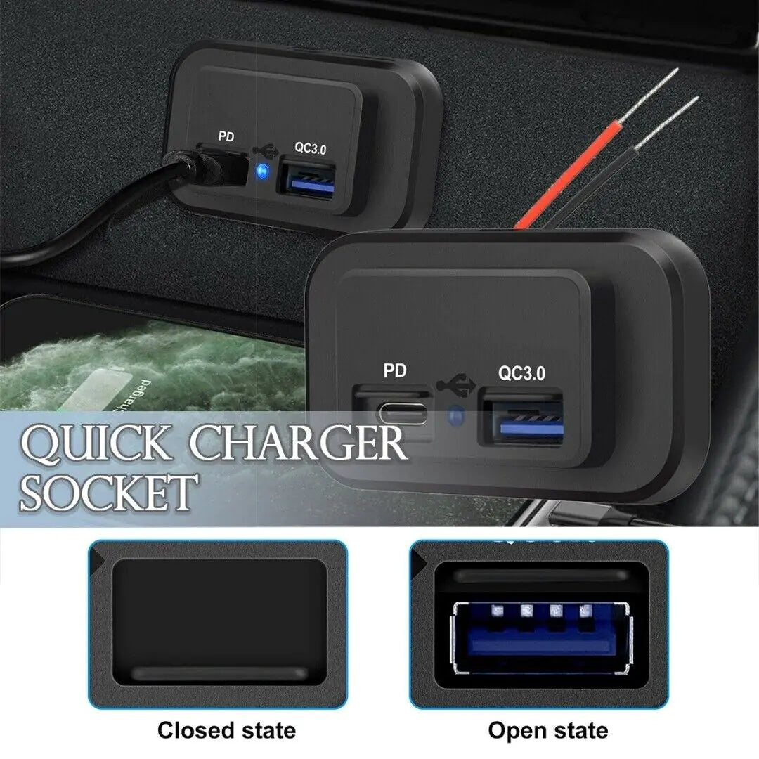 12-24V 4.8A Dual USB PD QC3.0 Car Boat RV Fast Charger Socket LED Power Outlet Anti Spier