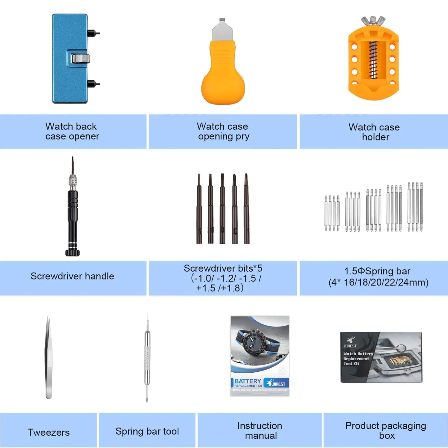 JOREST Watch Battery Replacement Kit, Watch Repair Screwdriver, Watch Band Replacement tool, Watch Wrench Back Remover, Watch Case Opener, Watch Back Remover Holder, Spring bar, Tweezers Anti Spier
