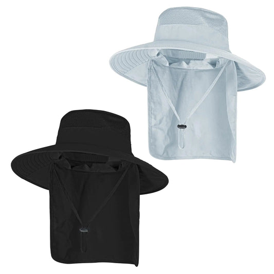 Sun Hats for Men Women Fishing Hat UPF 50+ Breathable Wide Brim Bucket Hats Summer UV Protection Safari Hat with Neck Flap Black/Light Grey 2 Anti Spier