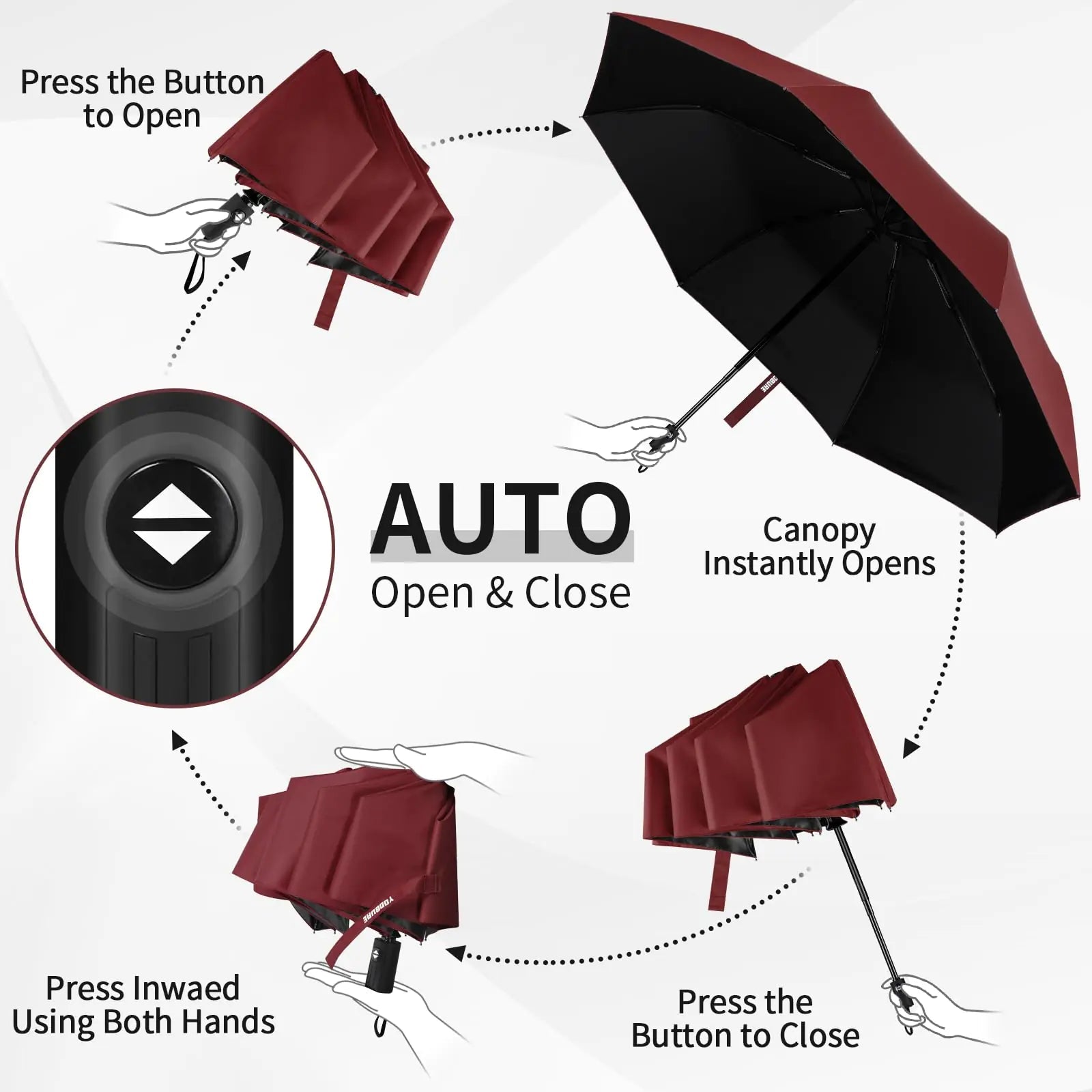 Yoobure Windproof Travel Umbrella, Automatic Umbrellas for Rain, Portable & Compact Umbrella for Backpack, Sun Umbrella for Walking, Folding Small Umbrella for Car, Lightweight Strong UV Protection Auto-Burgundy Red Anti Spier