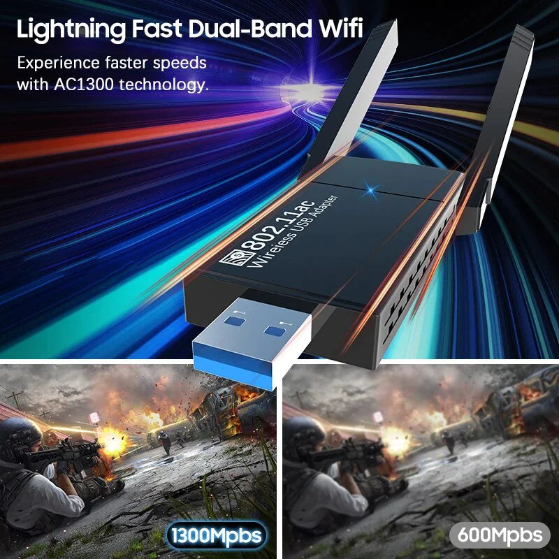 USB 3.0 Wireless WIFI Adapter 1300Mbps Long Range Dongle Dual Band 5Ghz Network Anti Spier