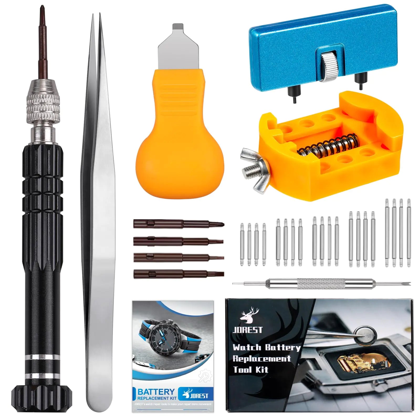 JOREST Watch Battery Replacement Kit, Watch Repair Screwdriver, Watch Band Replacement tool, Watch Wrench Back Remover, Watch Case Opener, Watch Back Remover Holder, Spring bar, Tweezers Anti Spier