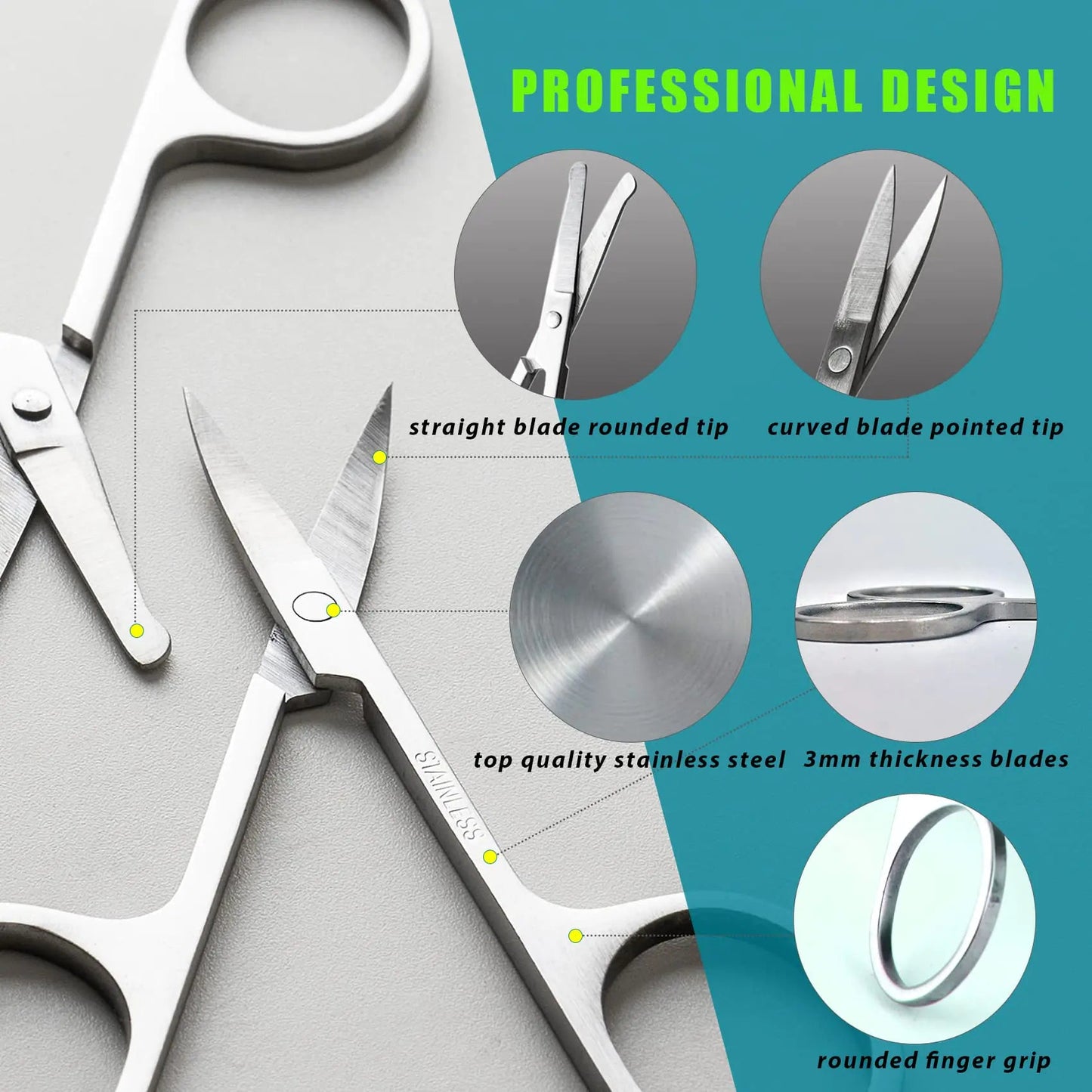 Facial Hair Small Grooming Scissors For Men Women - Eyebrow, Nose Hair, Mustache, Beard, Eyelashes, Ear Trimming Kit - Curved and Rounded Safety Tip Clippers For Hair Cutting - 2PCS Silver Anti Spier