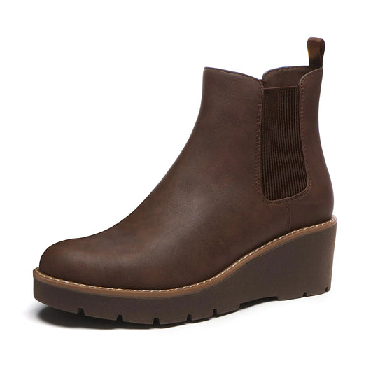 Athlefit Women's Chelsea Wedge Boots Elastic Platform Lug Sole Slip on Wedge Ankle Booties 6.5 Brown Anti Spier