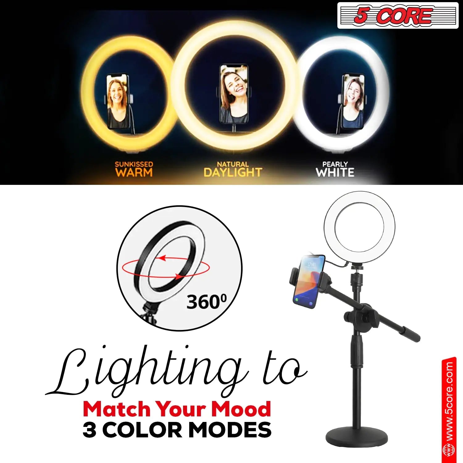 6 inch Ring Light with Cell Phone Stand Adjustable Ring light Angle  LED Circle Light w Phone Holder Anti Spier