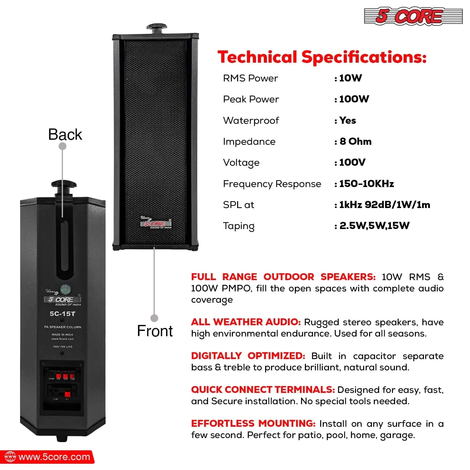 5Core Outdoor Speakers Stereo In Wall 100W Peak Passive Home Audio System Anti Spier