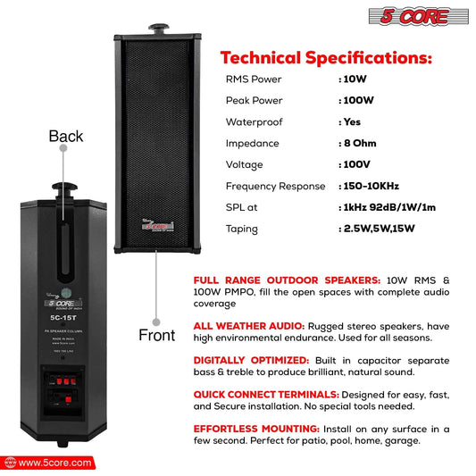 5Core Outdoor Speakers Stereo In Wall 100W Peak Passive Home Audio System Anti Spier