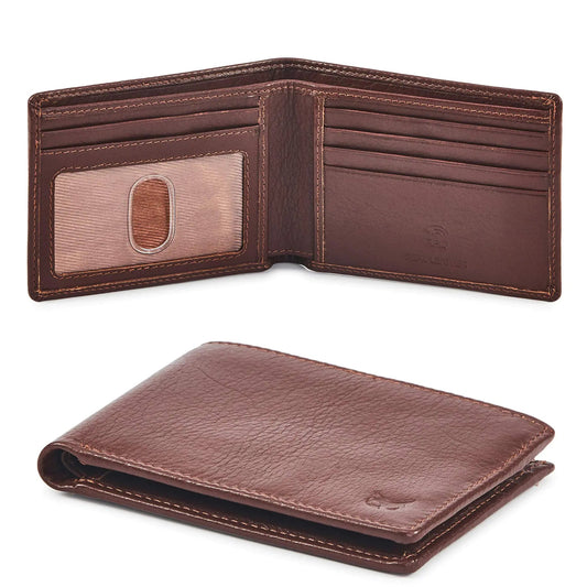 Real Leather Mens Bifold Wallet RFID Blocking Slim Minimalist Front Pocket - Thin & Stylish with ID Window in Gift Box (Nappa, Cognac) Cognac Nappa Anti Spier